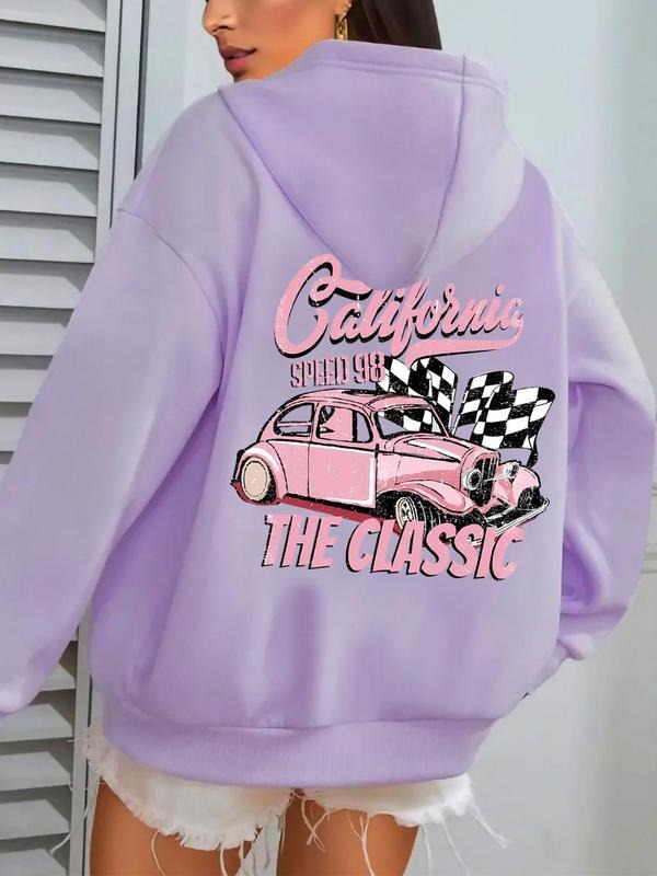 Women's Car & Letter Print Drawstring Pocket Hoodie, Casual Drop Shoulder Long Sleeve Hooded Sweatshirt, Ladies Fall &...