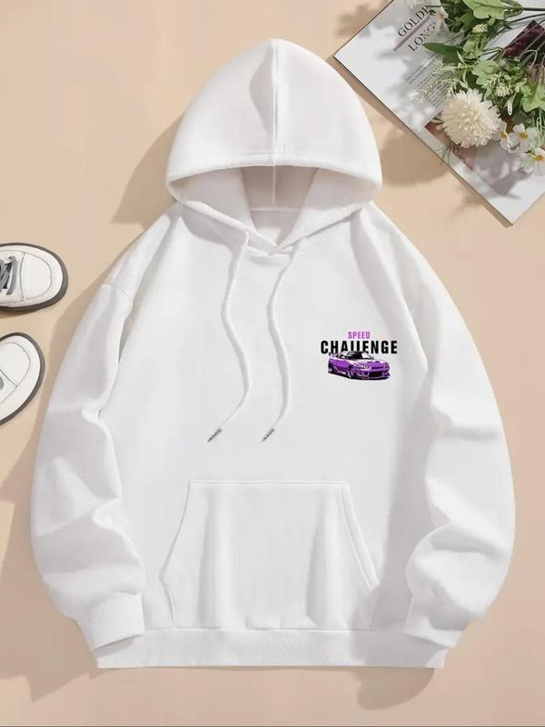 Women's Car & Letter Print Drawstring Pocket Hoodie, Casual Long Sleeve Hooded Sweatshirt for Fall & Winter, Women's...
