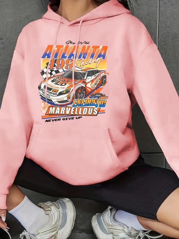 Women's Car & Letter Print Drop Shoulder Hoodie, Fashion Casual Drawstring Kangaroo Pocket Hooded Sweatshirt for Daily...