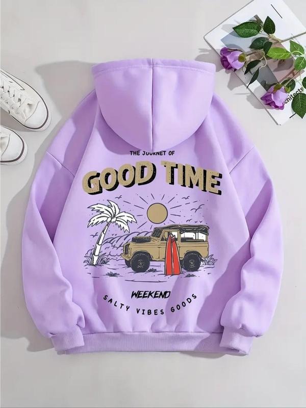 Women's Car & Letter Print Drop Shoulder Hoodie, Fashion Casual Drawstring Pocket Hooded Sweatshirt for Daily Holiday...