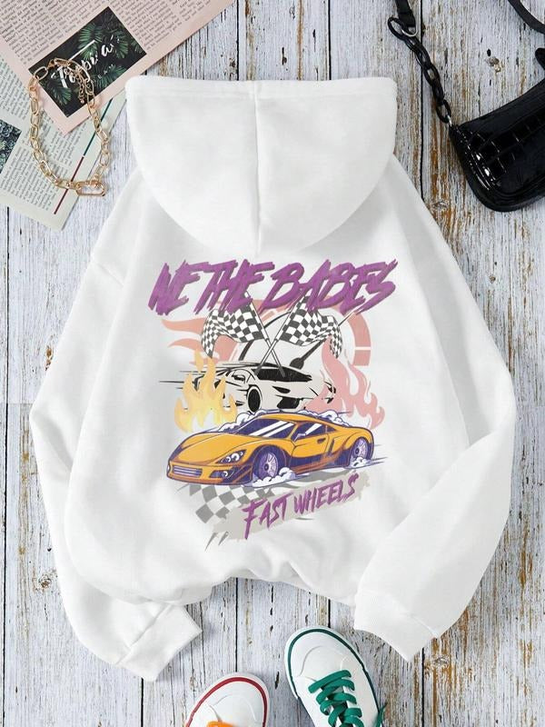 Women's Car & Letter Print Drop Shoulder Hoodie, Fashion Casual Drawstring Pocket Hooded Sweatshirt for Daily Holiday...