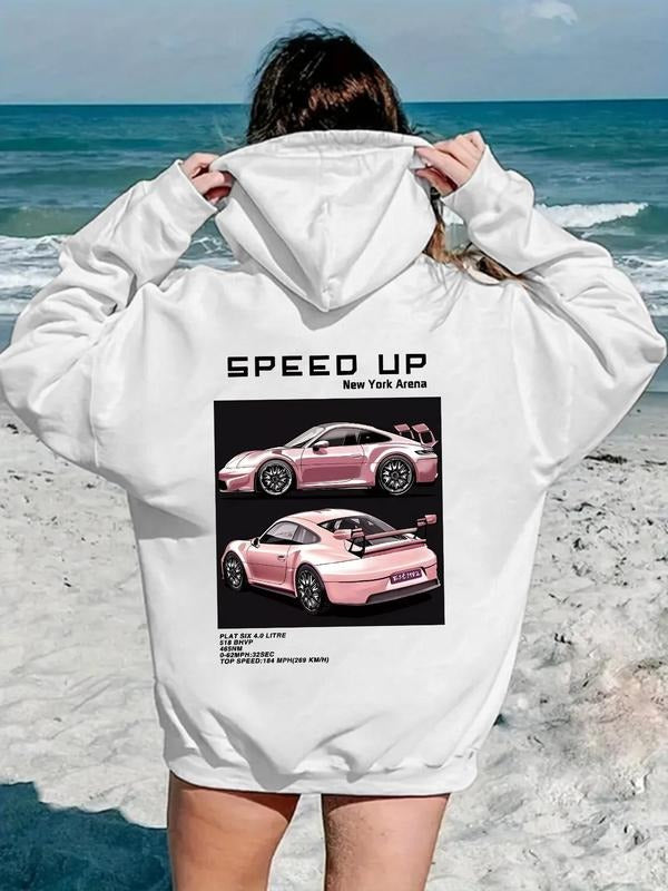 Women's Car & Letter Print Drop Shoulder Hoodie, Fashion Casual Drawstring Pocket Hooded Sweatshirt for Daily Holiday...