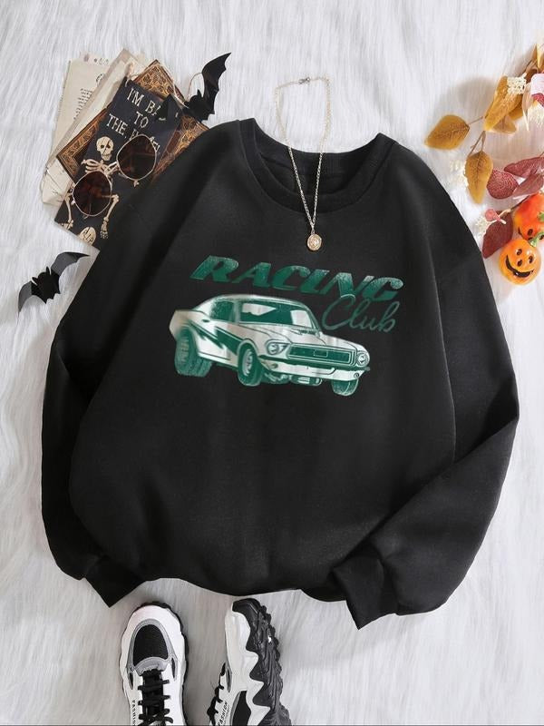 Women's Car & Letter Print Drop Shoulder Thermal Lined Sweatshirt, Street Casual Long Sleeve Round Neck Pullover for Fall...