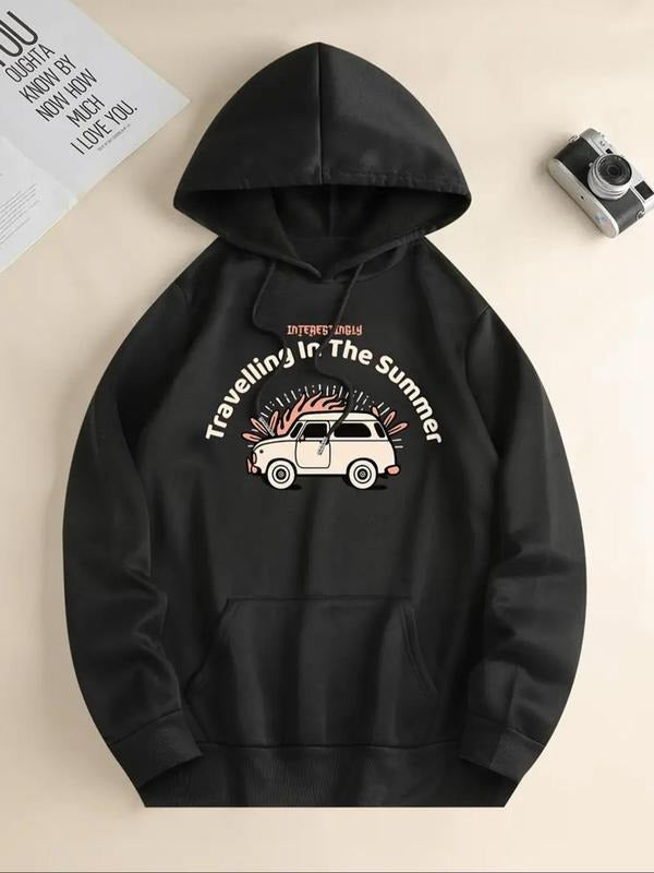 Women's Car & Letter Print Hoodie, Casual Comfy Drawstring Hooded Sweatshirt for Daily Wear, Ladies Clothes for All...