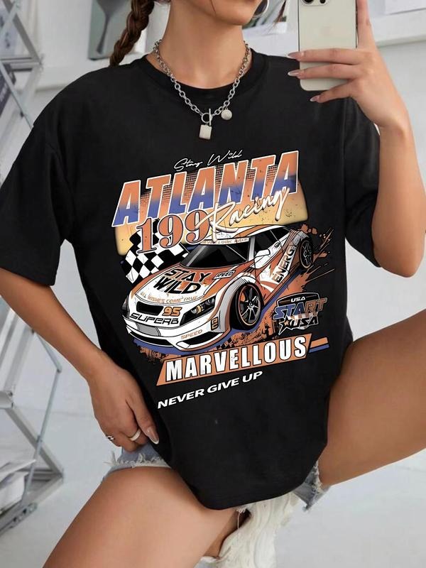 Women's Car & Letter Print Round Neck Graphic Tee, Vintage Trendy Casual Drop Shoulder Half Sleeve T-shirt For Daily...