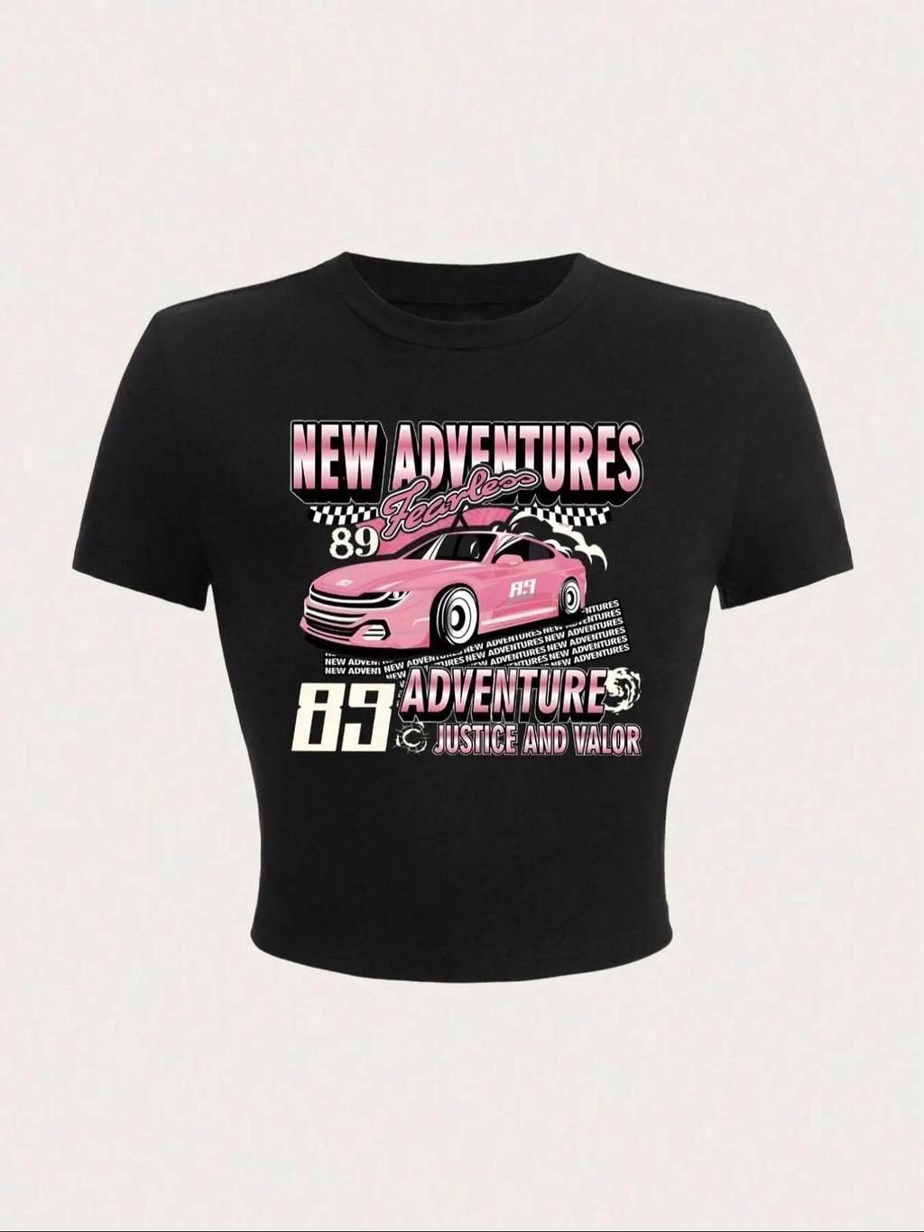 Women's Car & Letter Print Round Neck Short Sleeve Graphic Crop Tee, Vintage Trendy Casual Crew Neck T-shirt For Daily...