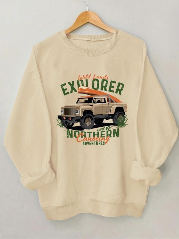 Women's Car & Letter Print Round Neck Sweatshirt, Casual Long Sleeve Crew Neck Pullover for Spring & Fall, Fashion...