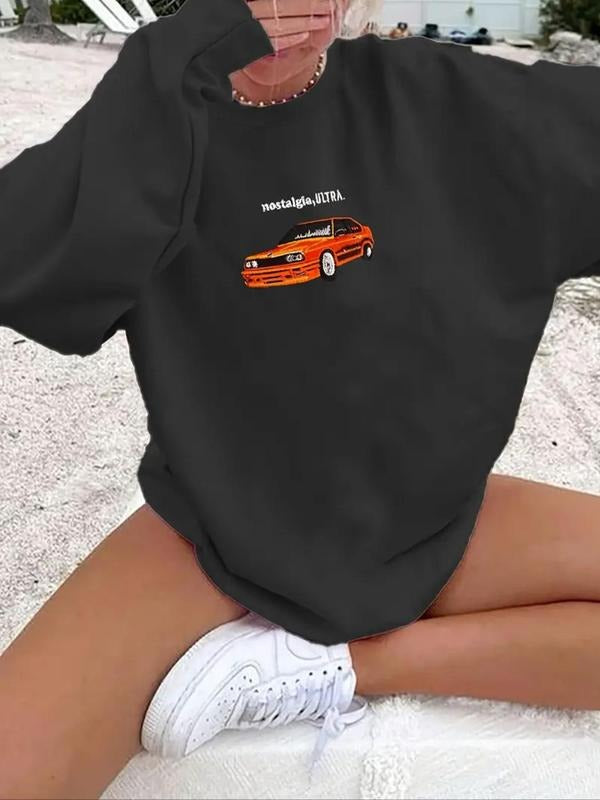Women's Car & Letter Print Round Neck Sweatshirt, Casual Long Sleeve Pullover for Fall & Winter, Women's Clothes for...