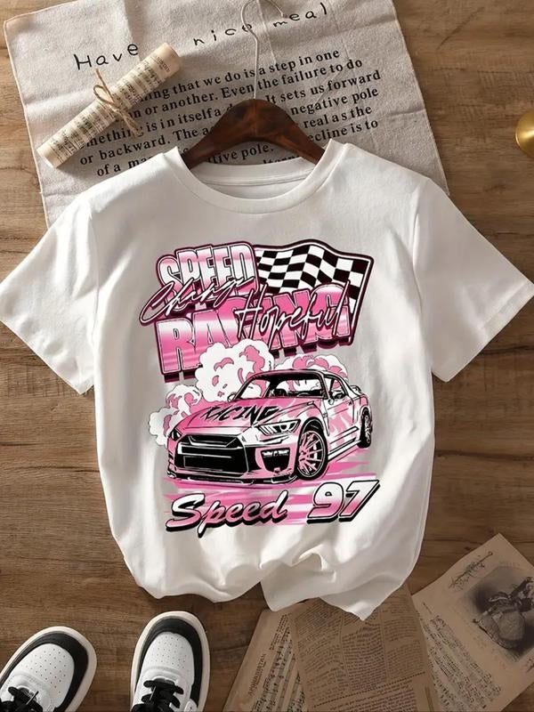 Women's Car & Letter Print Round Neck Tee, Casual Short Sleeve Crew Neck T-Shirt for Summer, Fashion Women's Top for...