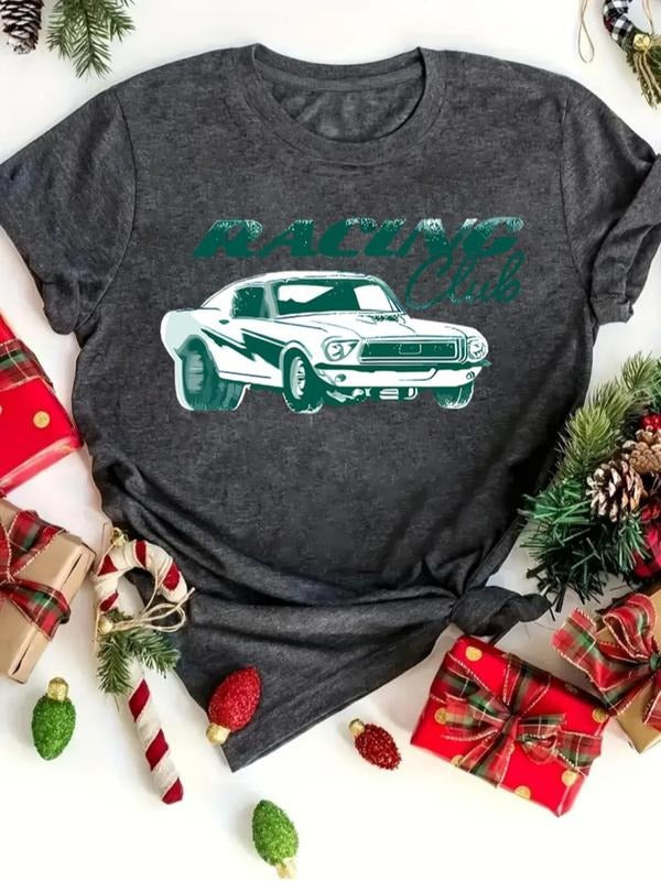 Women's Car & Letter Print Round Neck Tee, Casual Short Sleeve Crew Neck T-shirt for Daily Holiday Vacation Outdoor Wear,...