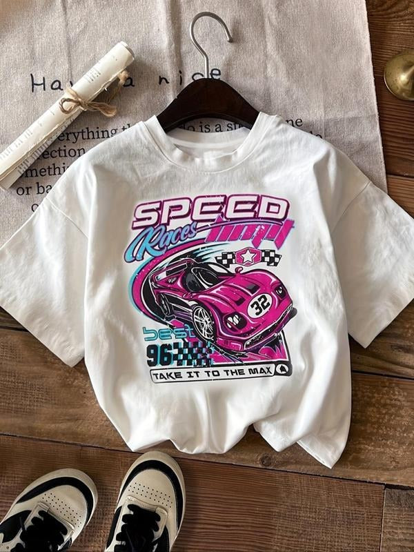 Women's Car & Letter Print Round Neck Tee, Casual Short Sleeve Crew Neck T-shirt for Summer, Fashion Women's Top for...