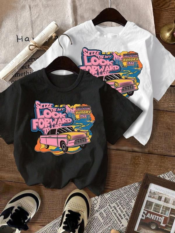 Women's Car & Letter Print Round Neck Tee, Casual Short Sleeve T-shirt for Summer, Ladies Clothes for Daily Wear Hoodie,...