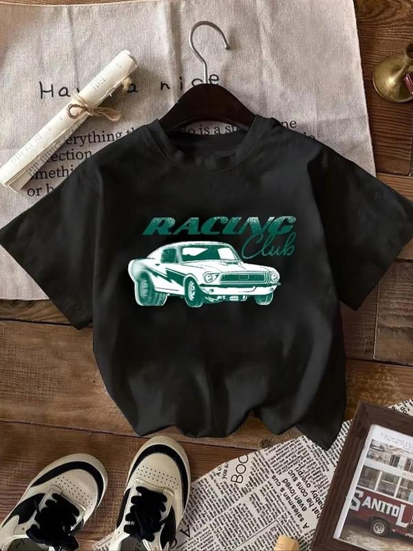 Women's Car & Letter Print Round Neck Tee, Vintage Trendy Casual Short Sleeve T-shirt for Daily Wear, Ladies Summer...
