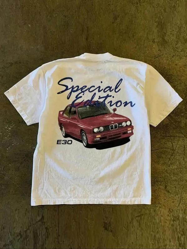 Women's Car & Letter Print Round Neck Tee, Vintage Trendy Casual Short Sleeve T-shirt for Daily Wear, Ladies Summer...
