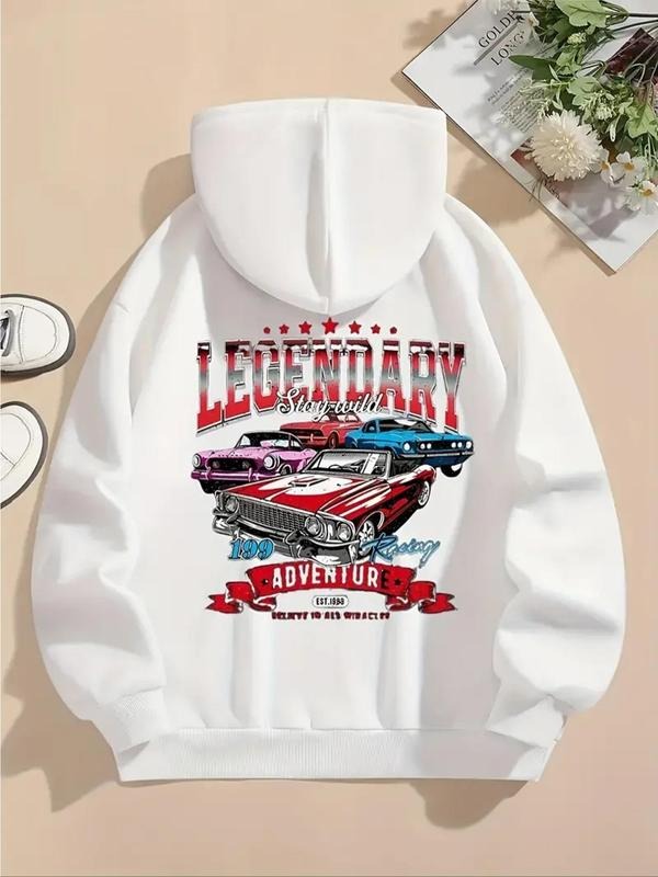 Women's Car & Letter Print Thermal Lined Hoodie, Fashion Casual Drawstring Pocket Hooded Sweatshirt for Daily Holiday...