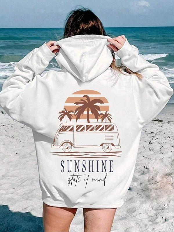 Women's Car & Tropical Print Thermal Lined Hoodie, Casual Sunshine Beach Hooded Sweatshirt For Fall & Winter, Women's...