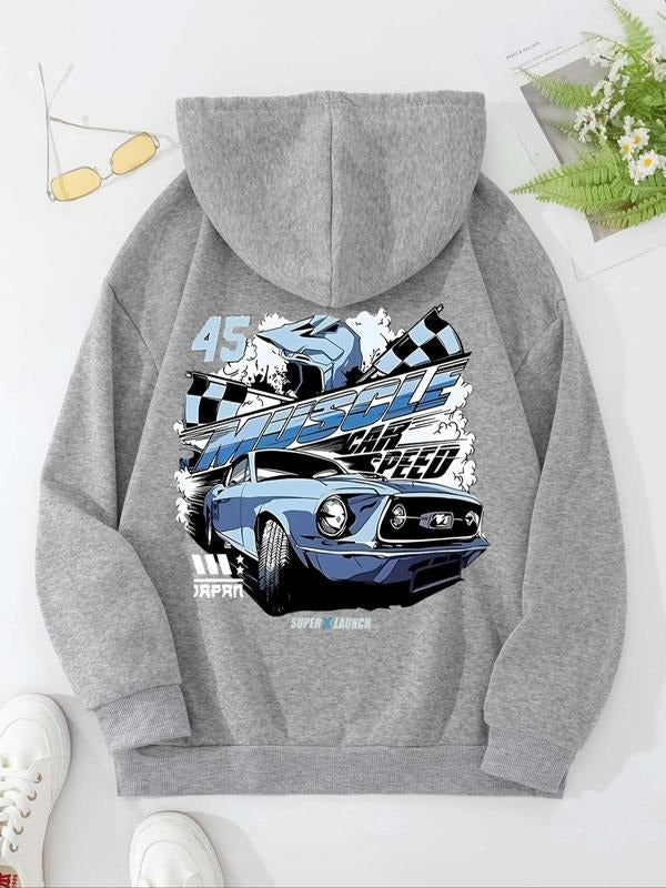 Women's Car Graphic Print Drop Shoulder Hoodie, Fashion Casual Drawstring Pocket Hooded Sweatshirt for Daily Holiday...