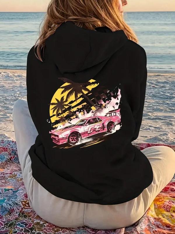 Women's Car Print Drawstring Pocket Hoodie, Casual Long Sleeve Hooded Sweatshirt for Fall & Winter, Women's Clothes for...