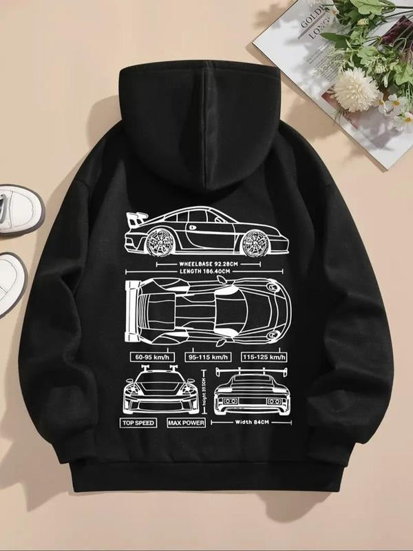 Women's Car Print Drop Shoulder Drawstring Hoodie, Fashion Casual Pocket Hooded Sweatshirt for Daily Holiday Outdoor...
