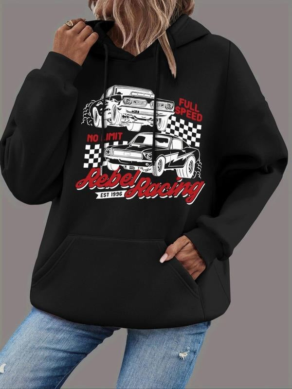 Women's Car Print Drop Shoulder Drawstring Thermal Lined Hoodie, Casual Long Sleeve Kangaroo Pocket Hooded Sweatshirt for...