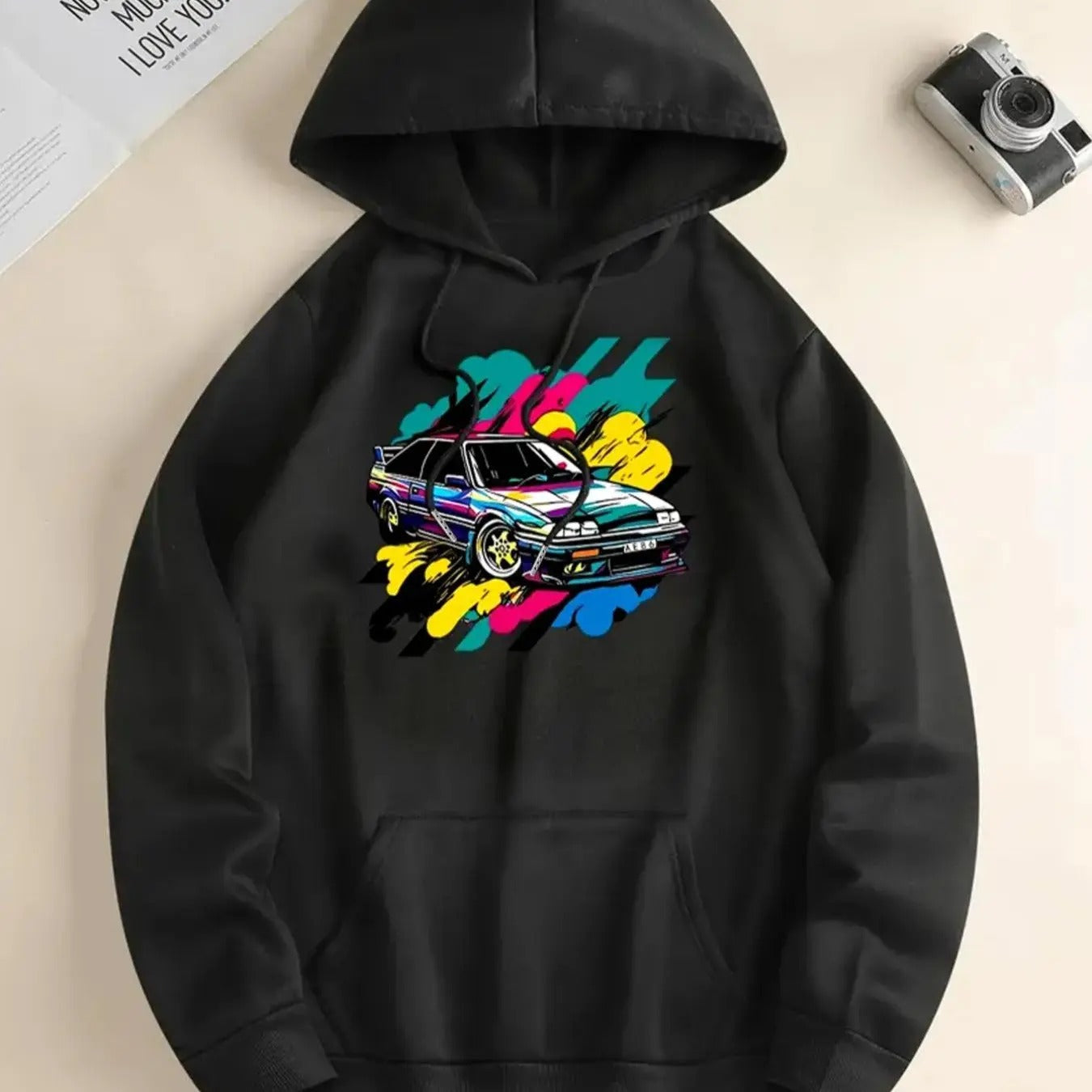 Women's Car Print Drop Shoulder Hoodie, Fashion Casual Drawstring Pocket Hooded Sweatshirt for Daily Holiday Outdoor...