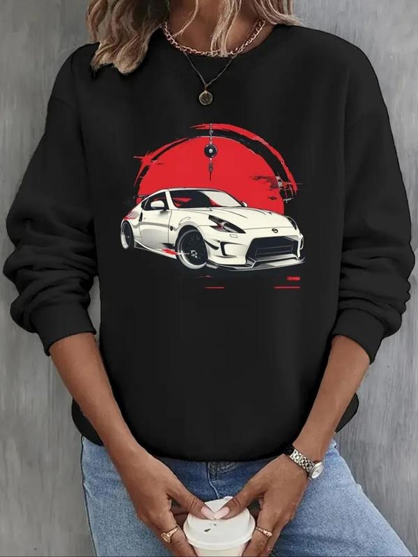 Women's Car Print Drop Shoulder Sweatshirt, Casual Long Sleeve Round Neck Pullover for Fall & Winter, Ladies Clothes for...