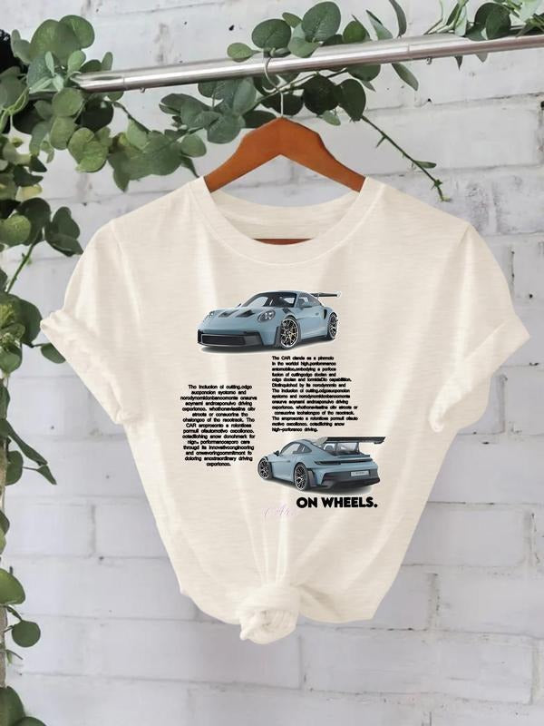 Women's Car Print Round Neck Tee, Casual Short Sleeve T-shirt for Summer, Ladies Clothes for Daily Wear, Top Hoodie,...