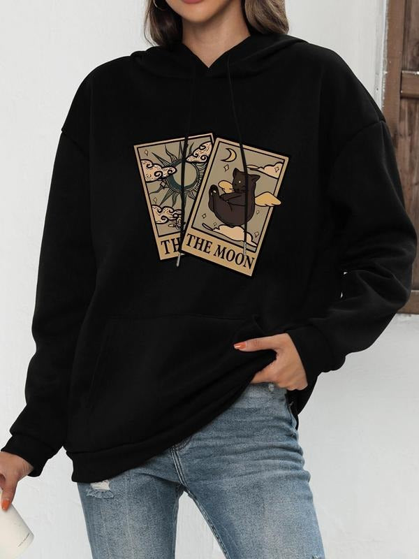 Women's Card Print Drop Shoulder Hoodie, Fashion Casual Drawstring Pocket Hooded Sweatshirt for Daily Holiday Outdoor...