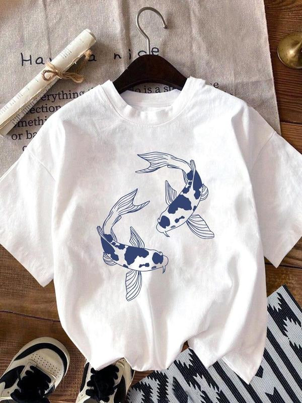 Women's Carp Fish Print Round Neck Tee, Casual Short Sleeve Crew Neck T-shirt for Summer, Fashion Women's Top for Daily...