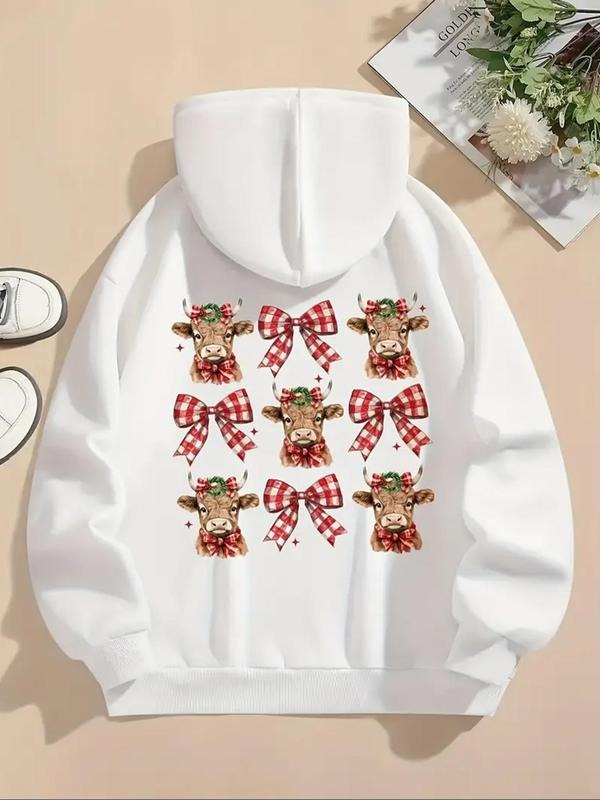 Women's Cartoon & Bow Print Drawstring Pocket  Hoodie, Casual Drop Shoulder Long Sleeve Hooded Sweatshirt, Ladies Fall &...