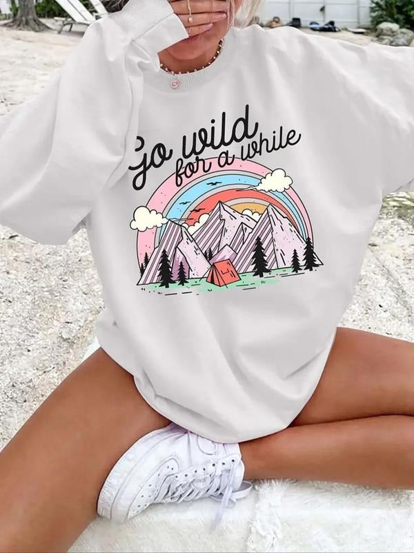 Women's Cartoon & Letter Print Crew Neck Sweatshirt, Casual Long Sleeve Pullover for Fall & Winter, Women's Clothes for...
