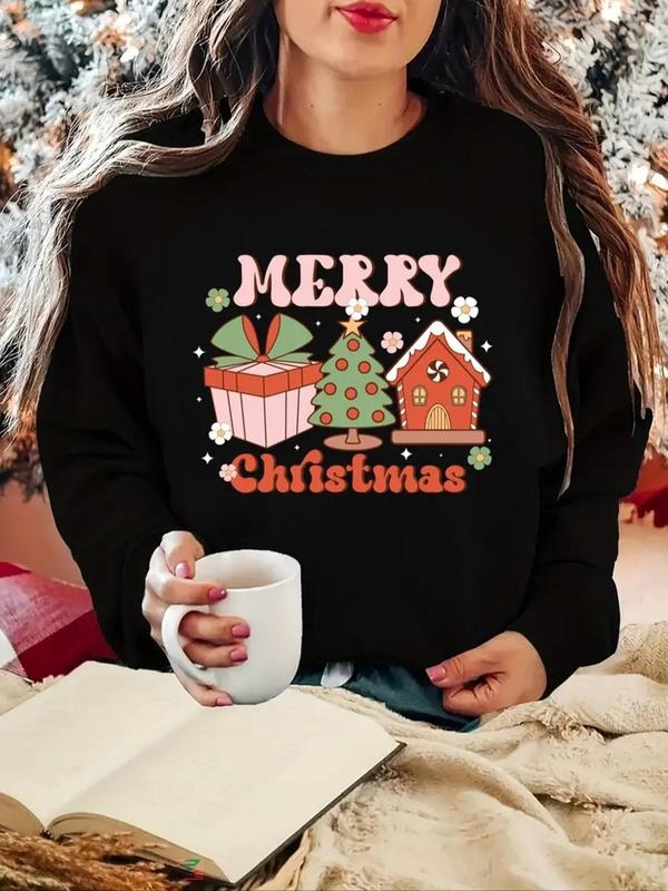 Women's Cartoon & Letter Print Crew Neck Sweatshirt, Casual Long Sleeve Pullover for Fall & Winter, Women's Clothes for...