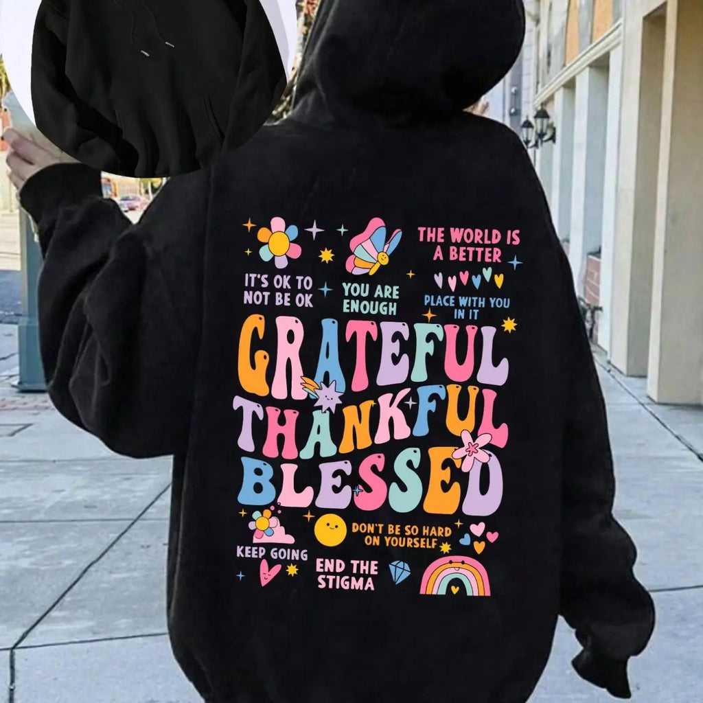 Women's Cartoon & Letter Print Drop Shoulder Hoodie, Fashion Casual Drawstring Pocket Hooded Sweatshirt for Daily Holiday...