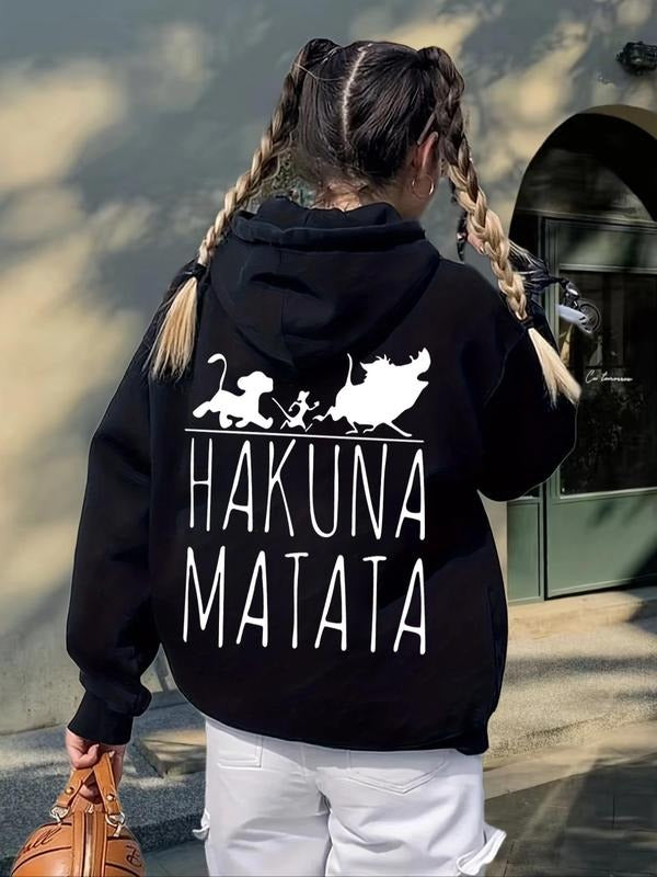 Women's Cartoon & Letter Print Drop Shoulder Hoodie, Fashion Casual Drawstring Pocket Hooded Sweatshirt for Daily Holiday...