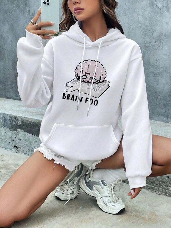 Women's Cartoon & Letter Print Drop Shoulder Hoodie, Fashion Casual Drawstring Pocket Long Sleeve Hooded Sweatshirt for...
