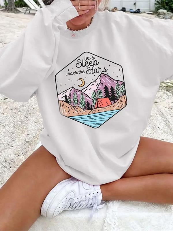Women's Cartoon & Letter Print Drop Shoulder Sweatshirt, Casual Long Sleeve Round Neck Pullover for Daily Wear, Ladies...