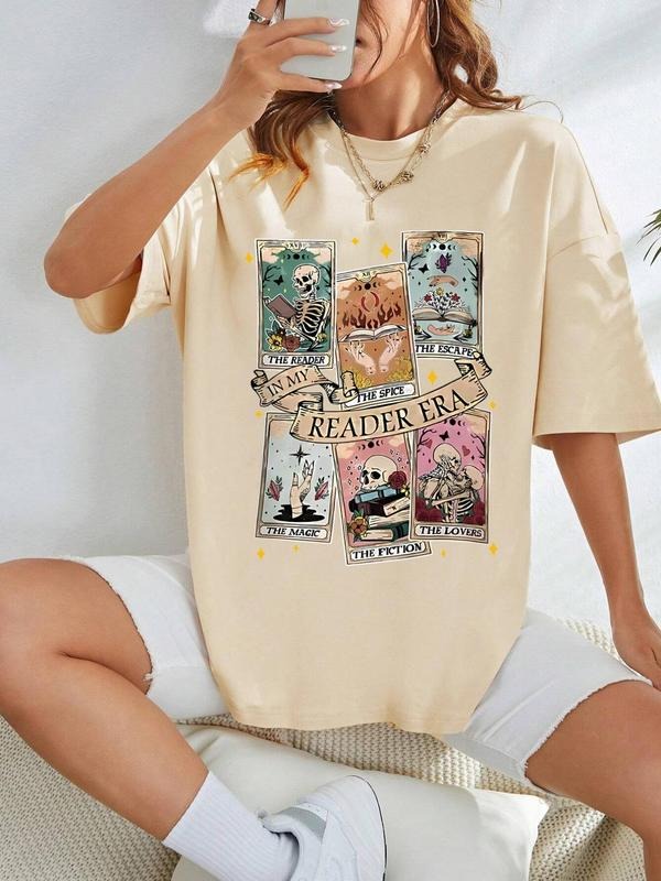 Women's Cartoon & Letter Print Drop Shoulder Tee, Casual Half Sleeve Round Neck T-shirt for Summer, Women's Top for Daily...