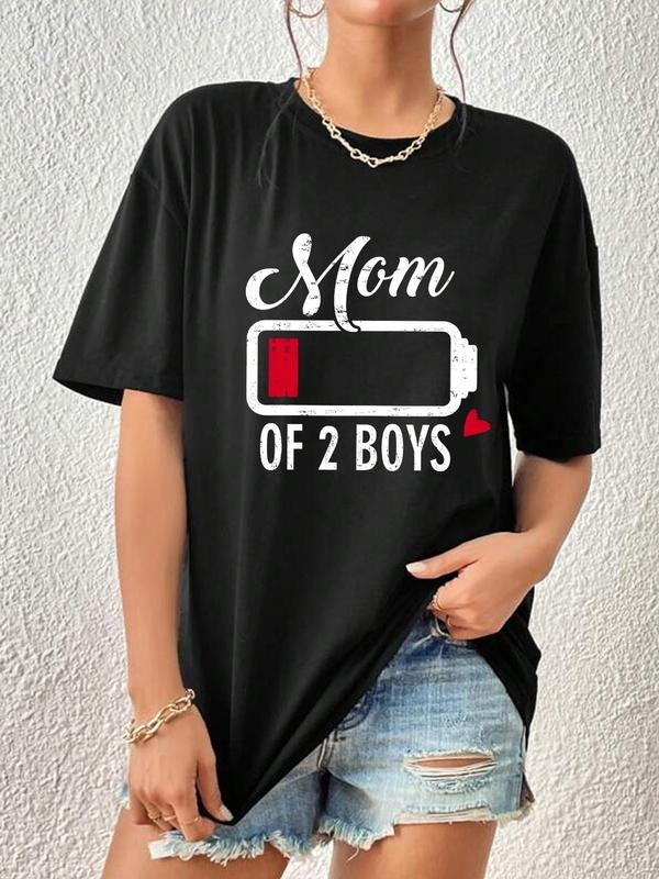 Women's Cartoon & Letter Print Drop Shoulder Tee, Casual Short Sleeve Round Neck T-Shirt for Summer, Ladies Clothes for...