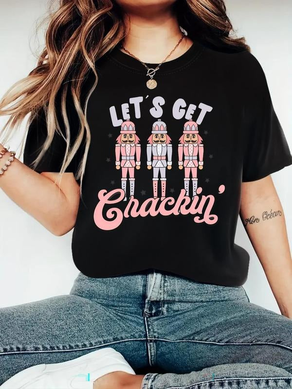 Women's Cartoon & Letter Print Round Neck Tee, Trendy Casual Short Sleeve T-shirt for Daily Wear, Ladies All Seasons Tops...