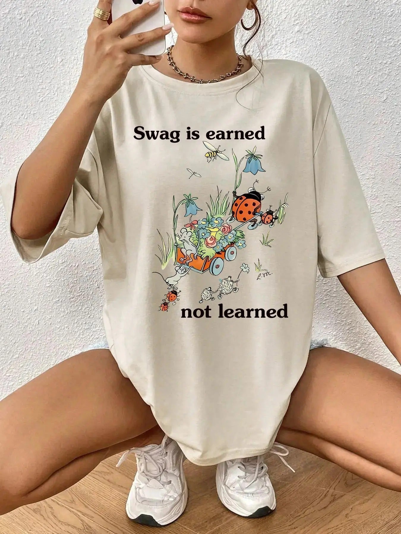 Women's Cartoon Animal & Floral Print Round Neck Tee, Trendy Casual Drop Shoulder Half Sleeve Letter Graphic T-shirt for...