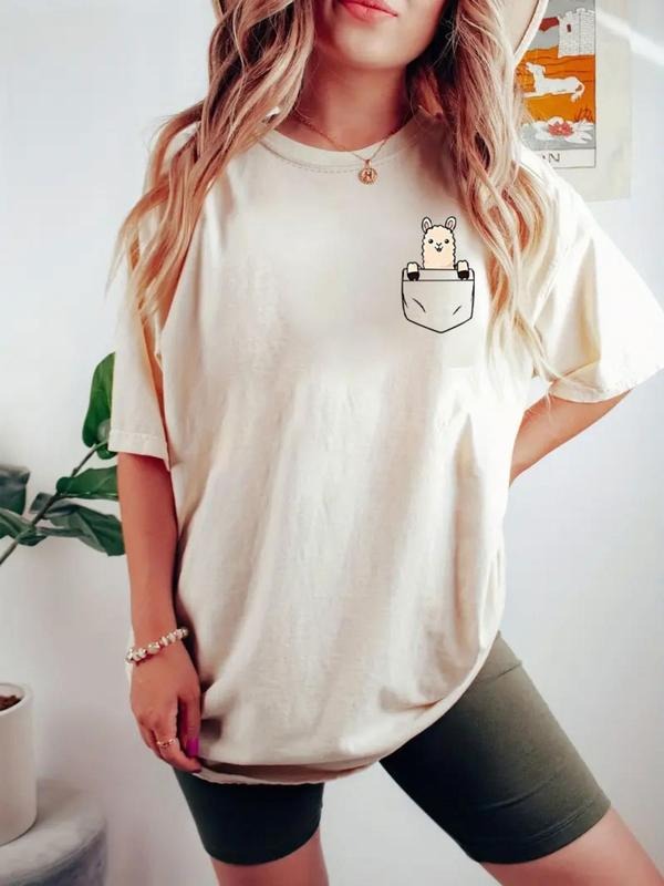 Women's Cartoon Animal Print Tee, Casual Round Neck T-shirt for Summer, Ladies Clothes for Daily Wear Hoodie, Sweatshirt