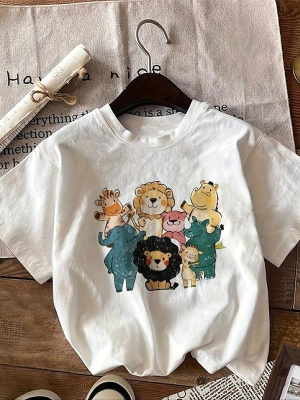 Women's Cartoon Animals Print Round Neck Tee, Fashion Casual Short Sleeve T-shirt, Ladies Summer Clothes for Daily Wear...