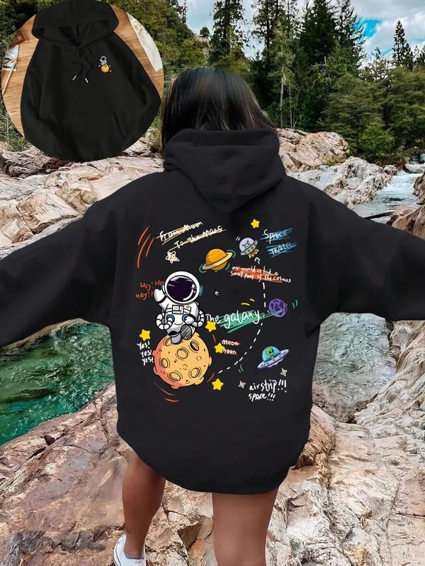 Women's Cartoon Astronaut & Letter Print Drop Shoulder Hoodie, Fashion Casual Drawstring Pocket Hooded Sweatshirt for...