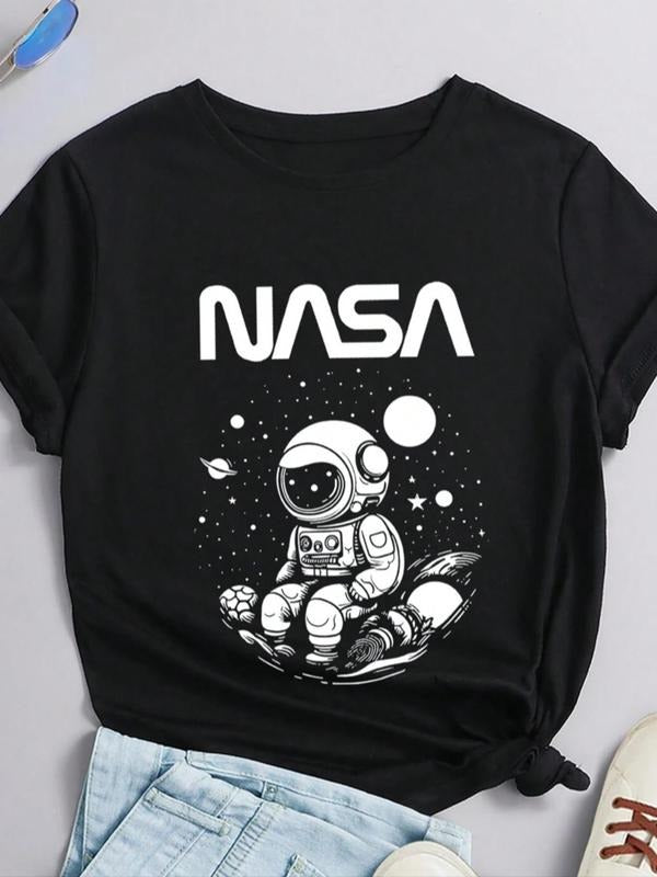 Women's Cartoon Astronaut & Letter Print Round Neck Tee, Casual Short Sleeve Crew Neck T-Shirt for Summer, Fashion...