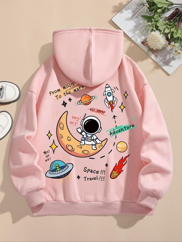 Women's Cartoon Astronaut & Letters Print Drop Shoulder Hoodie, Fashion Drawstring Kangaroo Pocket Hooded Sweatshirt for...