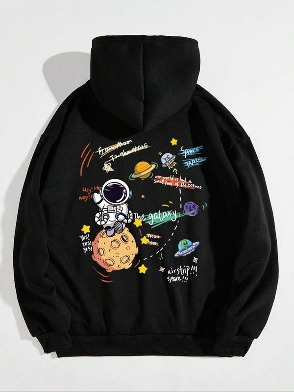 Women's Cartoon Astronaut Print Drop Shoulder Hoodie, Fashion Casual Drawstring Pocket Hooded Sweatshirt for Daily...