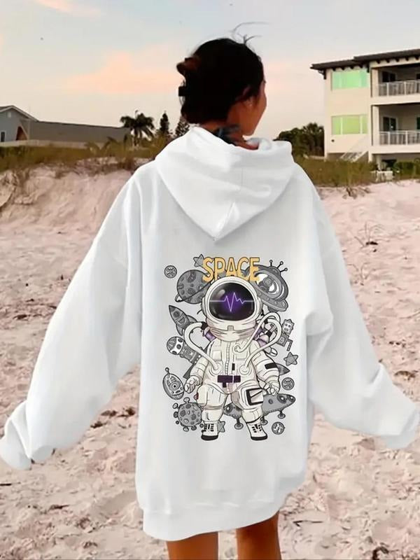 Women's Cartoon Astronaut Print Drop Shoulder Hoodie, Fashion Casual Letter Print Drawstring Kangaroo Pocket Hooded...