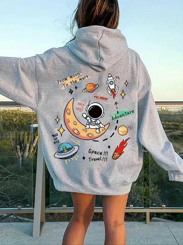 Women's Cartoon Astronaut Print Hoodie, Casual Long Sleeve Hooded Sweatshirt for Fall & Winter, Women's Clothes for Daily...