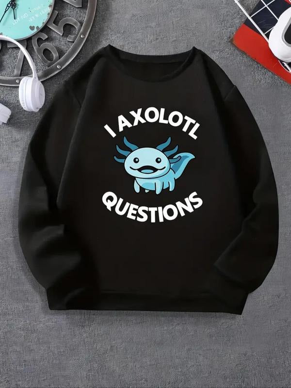 Women's Cartoon Axolotl & Letter Print Round Neck Thermal Lined Sweatshirt, Casual Long Sleeve Crew Neck Pullover for...