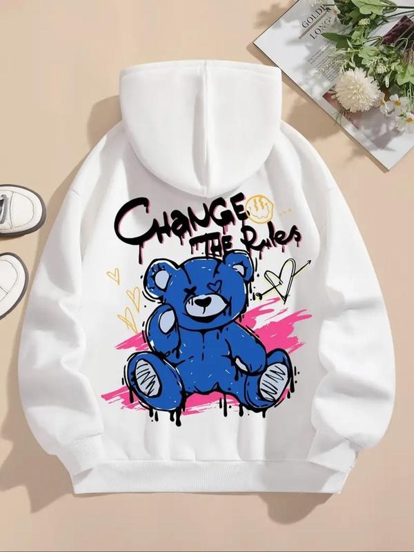 Women's Cartoon Bear & Letter Print Drawstring Hoodie, Fashion Casual Hooded Sweatshirt for Daily Holiday Outdoor Wear,...